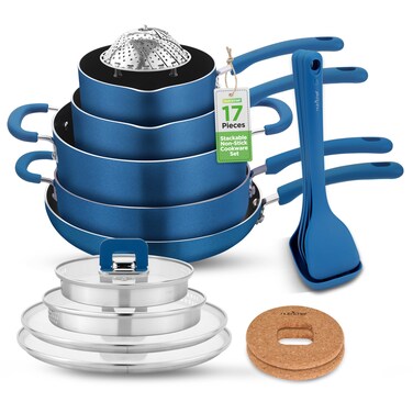 NutriChef Kitchenware Cookware, Non-Stick Pans, and Pots with foldable Knob, Space Saving, Stackable, Nylon -Tools, Induction Base, Brown, 17-Pc Set