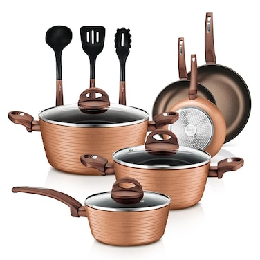 NutriChef 12-Piece Hard Anodized Nonstick Cookware Set - Induction Ready Pots &amp; Pans with Elegant Ridge-Line Pattern, Heat-Resistant Lacquer, Brown