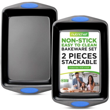 NutriChef 2-Piece Nonstick Baking Pan Set - Black Carbon Steel Bakeware w/ Silicone Handles - 17" x 11" x 1" Stackable Professional Oven Pans - Dishwasher Safe