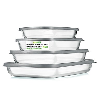 NutriChef 8-Piece Glass Baking Dish Set with Lids, (4 Stackable Rectangular Glass Dish and 4 BPA-Free Lids), Baking Pans for Lasagna, Meatloaf, Casserole, &amp; Leftovers, Cooking, &amp; Dishwasher Safe, Gray