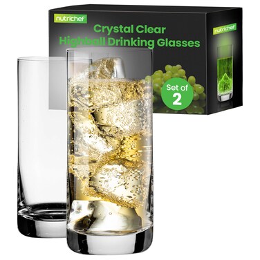 NutriChef 14.2oz Highball Drinking Glasses - Set of 2 Heavy Base Tall Tumbler Clear Glassware for Water, Wine, Beer, Liquor, Gin, Cocktail, Whiskey, Juice, Iced Coffee, Mixed Drinks, Dishwasher Safe
