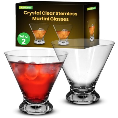 NutriChef Martini Glasses 8.4 Ounce Set of 2, Stemless Cocktail Glass for Margarita, Manhattan &amp; Cosmopolitan, Martini Glass for Home Bar, Evening Parties, Birthdays, Housewarming Gift, Crystal Clear
