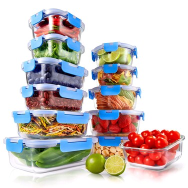 NutriChef 12-Piece Glass Food Storage Containers with Lids - Stackable Heavy Duty Meal Prep Containers w/Airtight Lids - Microwave, Freezer, &amp; Dishwasher Safe for Food, Snacks, Fruit &amp; More (Blue)