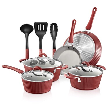 NutriChef Non-stick Kitchenware Pots &amp; Pans - 11 Pcs. Stylish Kitchen Cookware Set w/Elegant Lines Pattern,Gray Inside &amp; Red Outside, Metal + Silicone Handle, PTFE/PFOA/PFOS Free - NCCW11RDL