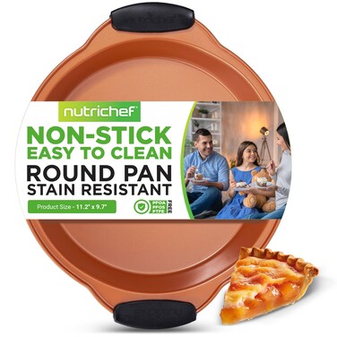 NutriChef Nonstick Round Cake Pan - Carbon Steel Oven Bakeware Pan with Silicone Grip Handles - PFOA, PFOS, PTFE Free - Bake Cake, Brownies, Pie, Bread, &amp; More - Dishwasher Safe, 9.7 Inch (Copper)