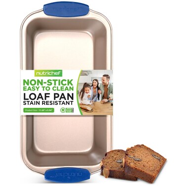 NutriChef Non Stick Loaf Baking Pan, Deluxe Gold Carbon Steel Pan with Blue Silicone Handles, Quality Metal Bakeware For Cooking &amp; Baking Cake Loaf, Muffins &amp; More, Compatible with Model NCSBSG36