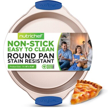 NutriChef Nonstick Round Cake Pan - Carbon Steel Oven Bakeware Pan with Silicone Grip Handles - PFOA, PFOS, PTFE Free - Bake Cake, Brownies, Pie, Bread, &amp; More - Dishwasher Safe, 9.7 Inch (Gold)