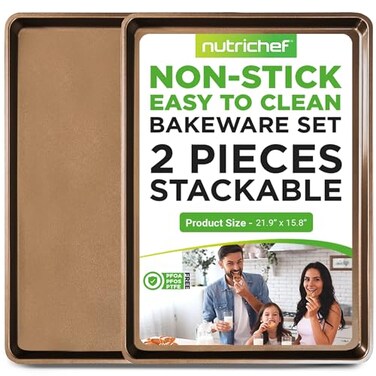 NutriChef 2-Piece Nonstick XL Cookie Sheets for Baking - 22" x 16" Extra Large Carbon Steel Oven Baking Trays, PFOA, PFOS, PTFE Free - Stackable &amp; Dishwasher Safe, Gold