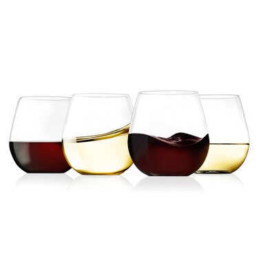NutriChef 15oz Stemless Wine Glasses - Set of 4 Ultra Thin Elegant Red &amp; White Wine Clear Crystal Glass Drinkware, Lead-Free, Hand Blown Seamless Bowl, Dishwasher Safe, for Any Occasion