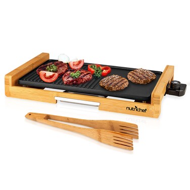 NutriChef Non-stick Plate, Removable Grill &amp; Griddle Plate, Smokeless Electric Bamboo Grill, BBQ Grill with Temperature Control, Durable Quality, Ideal for Indoor BBQ