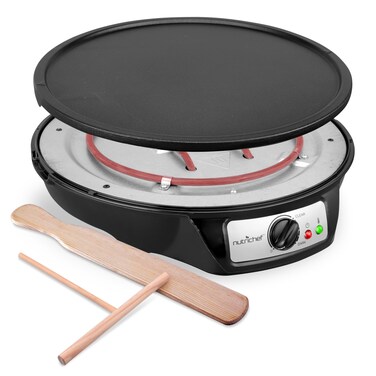 nutrichef Electric Crepe Maker &amp; Griddle - Easy Clean Detachable Cooktop - Cooks Crepes, Bacon, Tortillas &amp; Omelets - 12inch Cook Area with Adjustable Temperature - Includes Spatula &amp; Batter Spreader