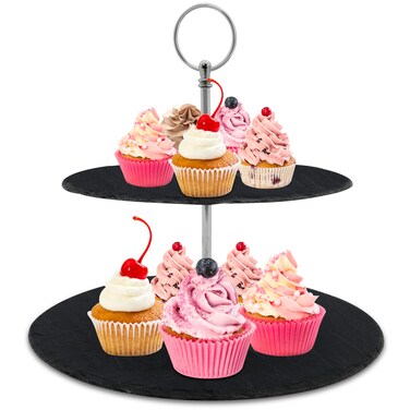 NutriChef Two Tier Slate Cake Stand - Round Multi Tiered Tray Serving Plate, Cupcake Holder Display, Dessert Tower, Fruit Platter w/ Stainless Steel Rods and Handle, For Wedding, Birthday - PKCKSTD10