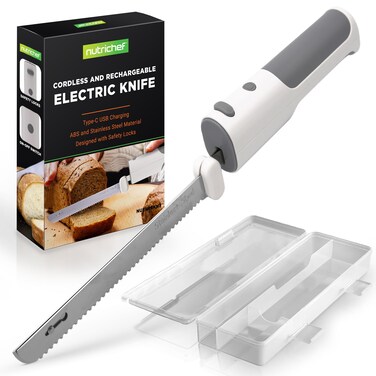 NutriChef Cordless Electric Knife   Easy to Use Constant ON/OFF Safety Function Button   Carve Turkey, Meats, Poultry, Bread, Cheese &amp; More   Lightweight with Contoured Grip Handle   White &amp; Grey