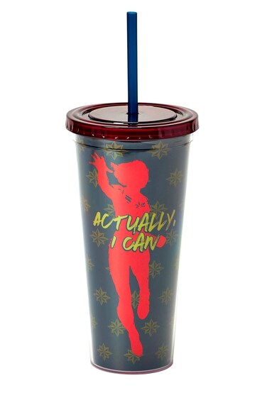 Marvel's Captain Marvel "Actually I Can" 16-Oz PVC Tumbler With Lid &amp; Straw - Fun Avengers Plastic Screw-Top Travel Cup - Great Gift For Superhero Fan - Perfect Reusable Portable Drink Container