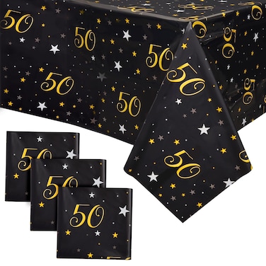 Juvale 3 Pack 50th Birthday Tablecloth for Party Decorations, Plastic Table Covers for Anniversary (Black, Gold, 54 x 108 in)