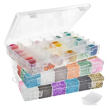 Juvale 3 Pack Plastic Stackable Bead Storage Container with 36 Grids &amp; Removable Dividers - Bead Organizer for Crafts, Jewelry and Earrings