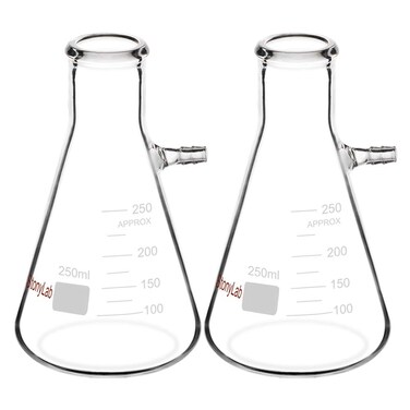 StonyLab 2-Pack 250ml Borosilicate Glass Filtering Flask, Bolt Neck with Tubulation