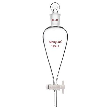 StonyLab PTFE Stopcock Separatory Funnel 125ml, Borosilicate Glass Heavy Wall Conical Pear-Shaped Separatory Funnel Separation Funnel with 24/29 Joint