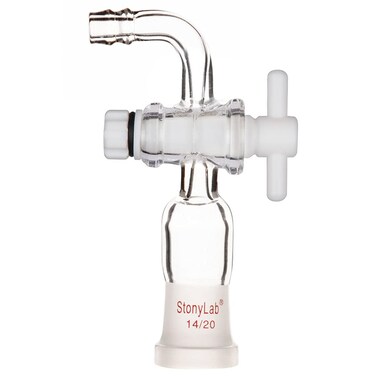 stonylab Vacuum Flow Control Adapter, Borosilicate Glass Adapter with PTFE Stopcock and Bent Hose Connection, Standard 14/20 Outer Joint Adapter for Lab Supply