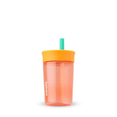 Owala Kids BPA-Free Plastic Tumbler with Spill Resistant Flexible Straw, Easy to Clean, Kids Water Bottle, Great for Travel, Dishwasher Safe, 15 Oz, Orange and Peach (Watermelon)