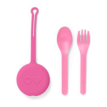 Omie OmieBox Kids Utensils Set with Case - 2 Piece Plastic, Reusable Fork and Spoon Silverware with Pod for Kids (Bubble Pink)