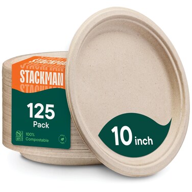 Paper Plates, 100% Compostable Heavy Duty Disposable 10 Inch Plate - [125-Pack] - {PFAS-Free} - {BPI Certified} Eco-Friendly, Biodegradable Bagasse