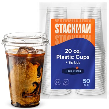 20 oz Clear Plastic Cups with Strawless Sip-Lids [50 Sets] PET Crystal Clear Disposable 16oz Plastic Cups with Lids - Crystal Clear, Durable Cup - BPA Free + Crack Resistant, for Coffee, Juice, Shakes