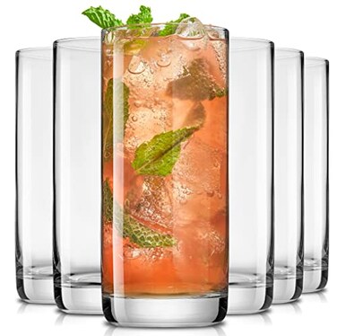 JoyJolt Faye 13oz Highball Glasses, 6pc Tall Glass Sets. Lead-Free Crystal Drinking Glasses. Water Glasses, Mojito Glass Cups, Tom Collins Bar Glassware, and Mixed Drink Cocktail Glass Set