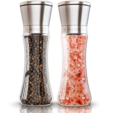 Premium Salt and Pepper Grinder Set of 2 - Two Refillable Stainless Steel Sea Salt &amp; Spice Shakers with Adjustable Coarse Mills - Easy Clean Ceramic Grinders w/BONUS Silicone Funnel &amp; Cleaning Brush