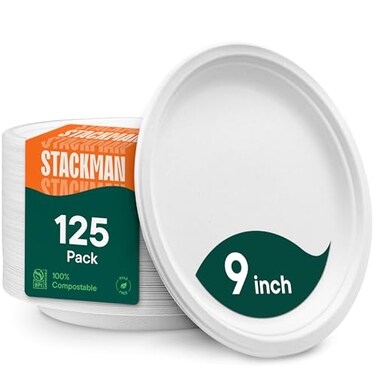 Stack Man 100% Compostable Paper Plates 9 Inch Heavy-Duty [125-Pack] Eco-Friendly White Bagasse Disposable Plates Made of Natural Sugarcane Fibers - 9" Biodegradable Plate (BPI-Certified) (PFAS-Free)