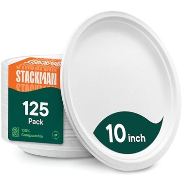 100% Compostable Disposable Paper Plates [125-Pack] - (PFAS-Free) - [10 Inch] Heavy Duty, Eco-Friendly, Biodegradable Bagasse Dinner Plates - Natural Brown 10" Plate by Stack Man (BPI Certified)