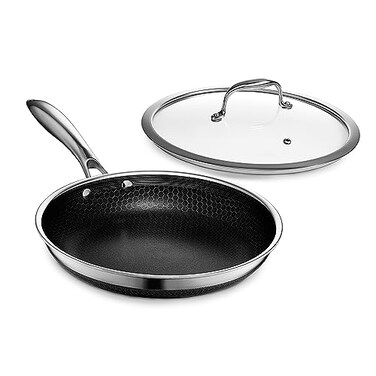 HexClad Hybrid Nonstick 10-Inch Fry Pan with Tempered Glass Lid, Stay-Cool Handle, Dishwasher and Oven Safe, Induction Ready, Compatible with All Cooktops