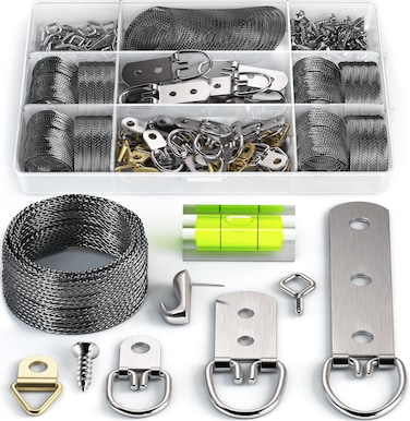 Picture Wire Hanging Kit 100+ Pieces - D-Ring, Screws, Hanging Hooks,Level. Supports up to 50 lbs 120+ Feet(38 M) Stainless Steel Wire Hanger   Comes with Solid Box