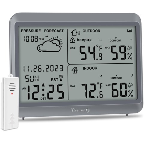 DreamSky Weather Station Indoor Outdoor Thermometer Wireless - Atomic Clock with Indoor/Outdoor Temp, Date &amp; Day, Battery Powered, Home Weather Forecast Clock with Inside Outside Temperature Humidity