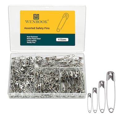 Wenrook 300 Pack Safety Pins Assorted, 4 Different Sizes, Strong Nickel Plated Steel, Safety Pins for Clothes, Crafts, Pinning and More