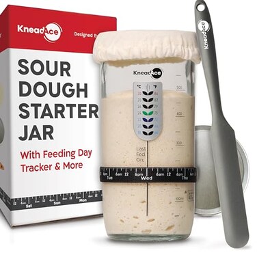 KneadAce Sourdough Starter Jar With Date Marked Feeding Band, Thermometer, Sourdough Jar Scraper, Sourdough Container Sewn Cloth Cover &amp; Metal Lid, Sourdough Starter Kit