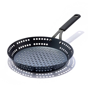 OXO Obsidian Pre-Seasoned Carbon Steel, 12" Frying Pan Skillet with Holes for Grilling with Removable Silicone Handle Holder, Induction, Oven Safe, Black