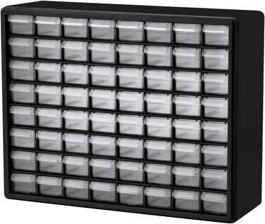 Akro-Mils 10164 64-Drawer Plastic Drawer Storage Cabinet for Garage Organization, Bead Organizer, Lego Storage, Teacher Toolbox, Makeup Organizer, and More, 20-Inch W x 6-Inch D x 16-Inch H, Black