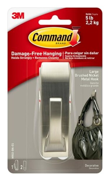 Command Large Modern Reflections Metal Hook, Brushed Nickel, 1-Hook, 2-Strips, Decorate Damage-Free