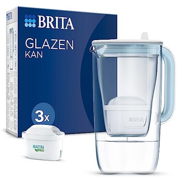 BRITA Glass Water Filter Jug Starter Pack-Light Blue (2.5L) incl. 3x MAXTRA PRO All-in-1 cartridge-Premium Glass Design jug with easy-filling Flip-Lid and Indicator- in sustainable Smart Box packaging
