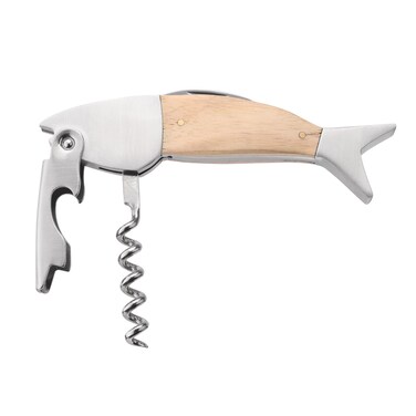 kwmobile Fish Design Wine Opener - Wood &amp; Stainless Steel Novelty Tool w/Corkscrew   Bottle Cap Opener   Small Knife - Silver