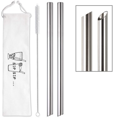 [Angled Tips] 2 Pcs Jumbo Reusable Bubble Tea Straws &amp; Smoothie Straws, 0.5" Wide Stainless Steel Straws, Metal Straws for Bubble Tea/Tapioca Pearl, Milkshakes,Smoothies   1 Cleaning Brush &amp; 1 Case