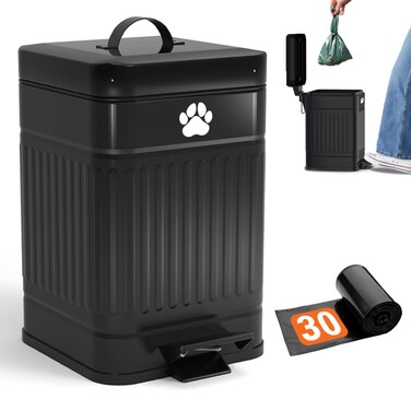 Small Dog Poop Trash Can Outside, 1.3 Gal Metal Indoor Outdoor Trash Can with Lid for Dog Poop, Dog Waste Container with Pedal, Dog Poop Garbage Can, Dog Poop Trash Can, Backyard Odor Control, 30 Bags