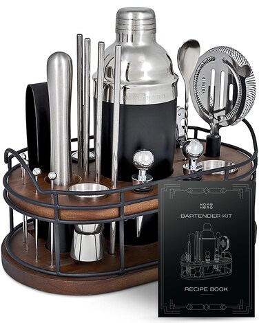 Home Hero Elegant 22-Piece Bartender Kit with Wooden Stand, Premium Bar Set &amp; Cocktail Shaker, Gift for Home Bar and Cocktail Enthusiasts, Essential Bar Accessories with Recipe Book (22 Pcs - Silver)