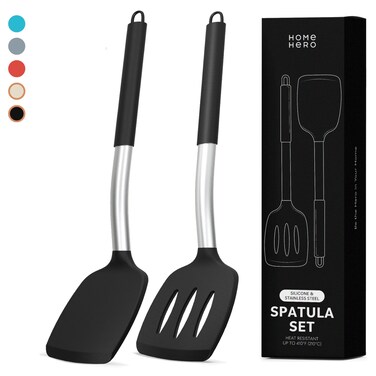 Home Hero Silicone Spatula Set with Ergonomic Handles - Stainless Steel High Heat Resistant Solid &amp; Slotted Turner, BPA Free Non Stick Kitchen Utensils Set - Rubber Spatula (2 Pcs - Black)