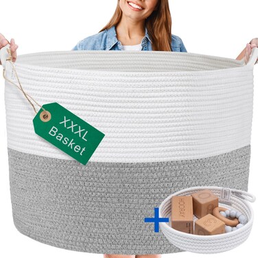 XXXL WASHABLE Blanket Basket Large 2PCs Blanket Storage Living Room - XXX Large Basket for Storing Blankets Toy Basket + Small Basket   Basket for Blankets (Grey and White)