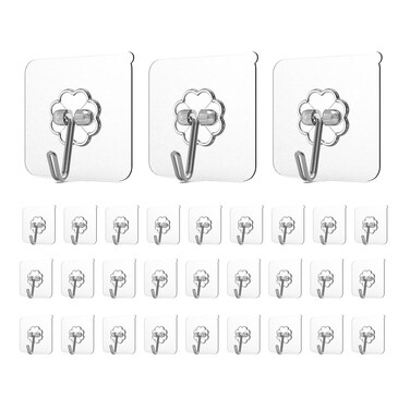 Adove Adhesive Hooks for Hanging, Heavy Duty Wall Hooks 20 Pack, Removable Sticky Ceiling Hooks, Transparent Self Adhesive Shower Hooks, Water &amp; Oil Proof Strong 22lb(Max) Door Coat Hooks