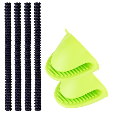 4 Pack Oven Rack Guard, DanziX Silicone Oven Rack Edge Protector,Heat Resistant Oven Rack Shields(Black) + 2 Mini Mitts (Green)