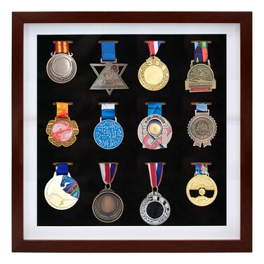 16x16 Inch Medal Display Shadow Box Frame, 12 Medals Display Case, 3D Wooden Medal Box Frame for Runners Marathon Triathlon Soccer Gymnastics All Sports Award Insignia (Walnut Finish)