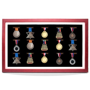 Medal Display Case, 15 Medal Display Frame, Perfect Medal Display for Runners, Marathon, RECE Winner, Soccer, Football, Gymnastics &amp; All Sports(Red Wood)